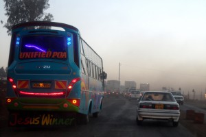 Coach and car on Nairobi-Thika highway